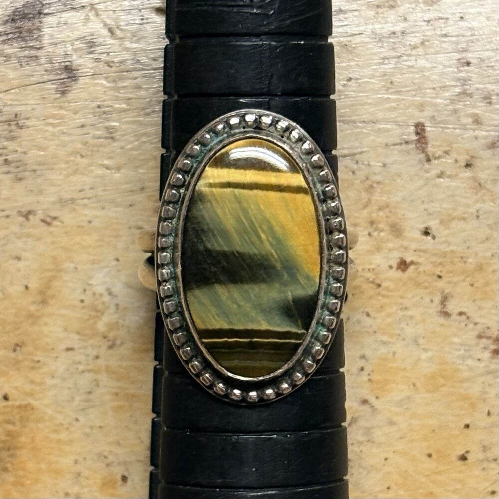 Artisan Ring By K Palmer Sterling Silver and Tigers Eye Size 6.25 Vintage